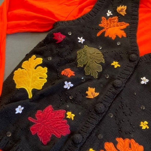 Ugly Halloween Vest Turtleneck Owl Leaf Orange Black Leaves Red Yellow Green - Picture 3 of 12